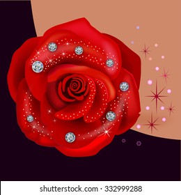 Red macro rose with diamonds isolated on white background, vector illustration