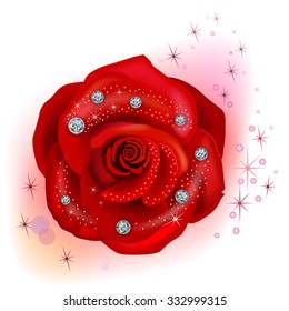 Red macro rose with diamonds isolated on white background, vector illustration