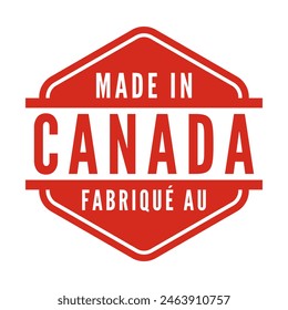 Red Made In Canada isolated hexagon stamp, sticker, mark. French and English Language. Vector illustration.