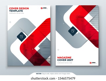 Red Magazine Design. Cover Template for Magazine, Brochure, Report or Catalog. Layout with Bright Color Shapes and Abstract Photo on Background. Modern Magazine Concept