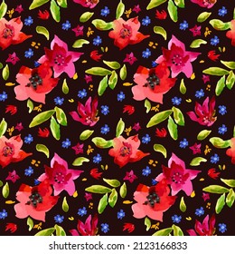 Red, magenta, blue flowers and green leaves on a dark background. Seamless bright watercolor vector pattern.