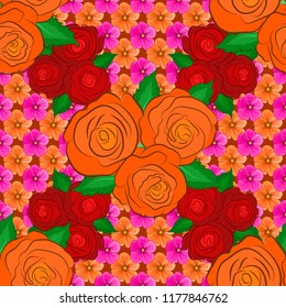 Red, magenta and orange roses with green leaves. Trendy vector seamless Floral Pattern.