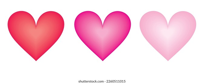 Red, Magenta and Pastel Pink Hearts isolated on a White Background. Love Symbol. Simple Romantic Vector Illustration ideal for Card, Banner, Wall Art, Poster. No text.  