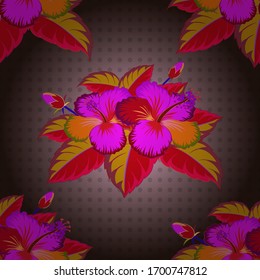 Color rojo, magenta y violeta de los hibiscos. Vector exótico diseño floral sin fisuras.Patrón floral sin fisuras.Impresión textil para ropa de cama, chaqueta, diseño de paquete, tela y conceptos de moda.