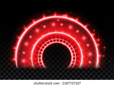 Red magic arc. Abstract magic light effect. Luminous neon arch lines with flying lights.