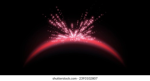 Red magic arch with glowing particles, sunlight lens flare. Neon realistic energy flare arch.    
Abstract light effect on a black background. Vector illustration.