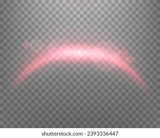 Roter magischer Bogen mit leuchtenden Teilchen, Sonnenlichtlinse Fackel. Neon-realistischer Energieflatterbogen.    
Abstrakter Lichteffekt auf transparentem Hintergrund. Vektorgrafik.