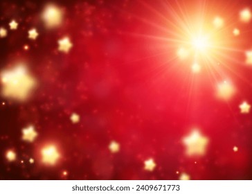 Red magic background with defocused yellow stars on bright sky. Vector illustration