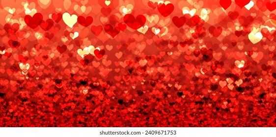 Red magic background with glittering heart shapes. Happy Valentine's day header or banner or letter template. Vector illustration