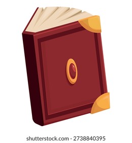 Red magic book with gold corners and gemstone showing pages, isolated cartoon style illustration