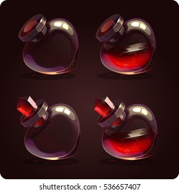 Red magic bottles with red liquid. Vector illustration. Game icon of magic elixir.