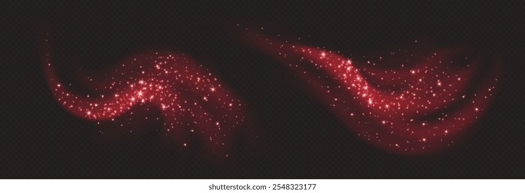 Red magic cloud with sparkles, stardust sparkling decoration. Glowing glitter smoke trail. Christmas vector illustration.