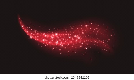 Red magic cloud with sparkles, stardust sparkling decoration. Glowing glitter smoke trail. Christmas vector illustration.