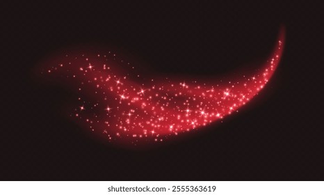 Red magic cloud with sparkles, stardust sparkling decoration. Glowing glitter smoke trail.