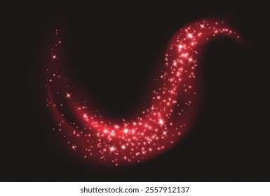Red magic cloud with sparkles, stardust sparkling decoration. Glowing glitter smoke trail.