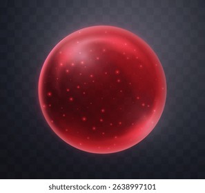 Red magic fantasy sphere. Crystal ball with glowing sparkles and particles. Energy orb with glow flare light effect. Isolated on transparent background. Vector illustration.