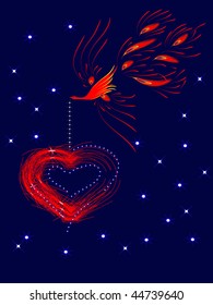 red magic firebird bringing a red heart as a present