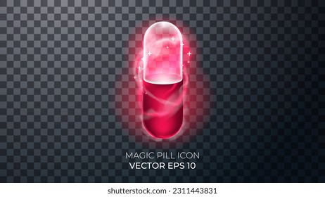 Red magic pill image 3d realistic render. Waves of magical smoke wrap around the pill. Decor elements for magic doctor, shaman, medium. Transparent background. svg