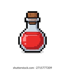 Poción mágica roja en una botella de vidrio redonda con corcho. Elixir de la salud del estilo del arte del píxel aislado en el fondo blanco. Icono de activo de juego retro de 8 bits.