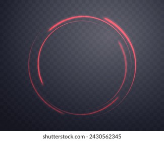 Red magic ring with glowing. Neon realistic energy flare halo ring. Abstract light effect on a dark transparent background. Vector illustration.