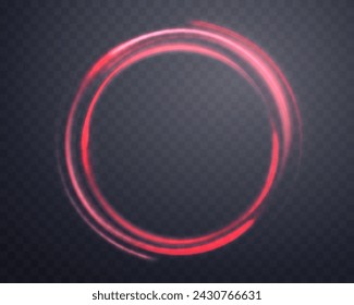 Red magic ring with glowing. Neon realistic energy flare halo ring. Abstract light effect on a dark transparent background. Vector illustration.