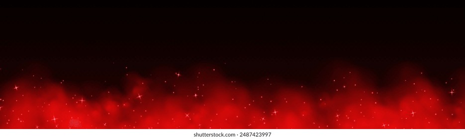 Red magic smoke with stars and sparkles, fog with glowing particles, colorful vapor with star dust. Fantasy haze background. Vector illustration.