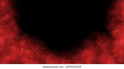 Red magic smoke with stars and sparkles, fog with glowing particles, colorful vapor with star dust. Fantasy haze background. Vector illustration.