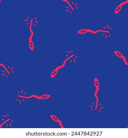 Rote Zauberstab-Symbol isoliert nahtlose Muster auf blauem Hintergrund. Sternenförmiges magisches Zubehör. Magische Kraft. Frohe Halloween-Party.  Vektorgrafik
