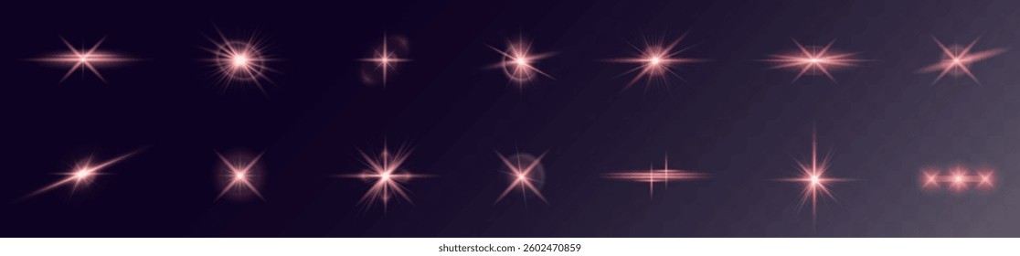  red magical sparkle effect with glowing stars, radiant bursts, and brilliant light beams. Ideal for Christmas designs, fantasy visuals, and festive holiday illustrations. Vector illustration