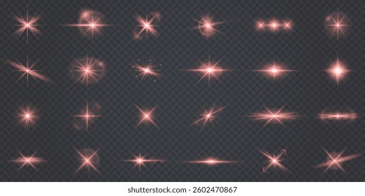  red magical sparkle effect with glowing stars, radiant bursts, and brilliant light beams. Ideal for Christmas designs, fantasy visuals, and festive holiday illustrations. Vector illustration