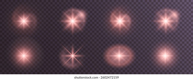  red magical sparkle effect with glowing stars, radiant bursts, and brilliant light beams. Ideal for Christmas designs, fantasy visuals, and festive holiday illustrations. Vector illustration