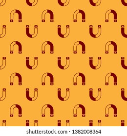 Red Magnet icon isolated seamless pattern on brown background. Horseshoe magnet, magnetism, magnetize, attraction sign. Vector Illustration