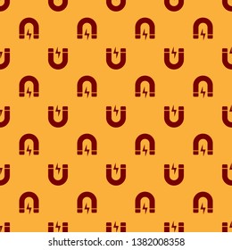Red Magnet with lightning icon isolated seamless pattern on brown background. Horseshoe magnet, magnetism, magnetize, attraction sign. Vector Illustration