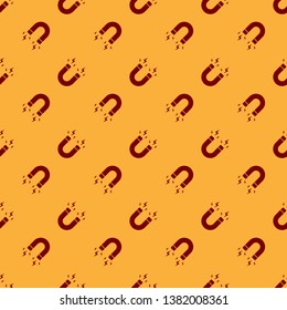 Red Magnet with lightning icon isolated seamless pattern on brown background. Horseshoe magnet, magnetism, magnetize, attraction sign. Vector Illustration
