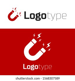 Red Magnet with lightning icon isolated on white background. Horseshoe magnet, magnetism, magnetize, attraction sign. Logo design template element. Vector Illustration