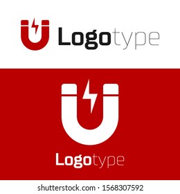 Red Magnet with lightning icon isolated on white background. Horseshoe magnet, magnetism, magnetize, attraction sign. Logo design template element. Vector Illustration