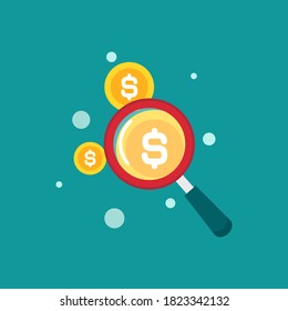 red magnifier glass with golden dollar coins. Catch, hunt, chase money symbol. Achieve goals, financial success, business focus concept.  Vector illustration isolated on blue background. 