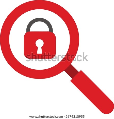 A red magnifying glass is centered on a red padlock icon, signifying security checks, data protection, or the investigation of access controls. Isolated on white.