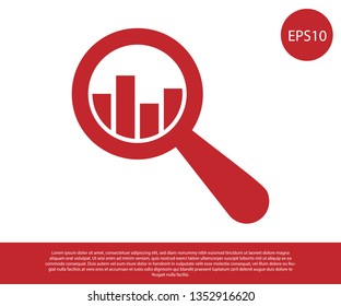 Red Magnifying glass and data analysis icon isolated on white background. Vector Illustration