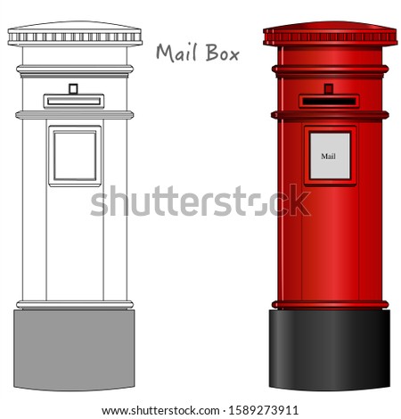 Red mail box. British, London postbox, mailbox. Black white, technic draw sketch and red colored cylindrical mailbox. England, UK classic culture objects. Outline draw Vector