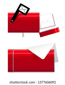 Red mail box with envelopes. Subscribe menu. Vector illustration isolated on white background. Ready for your design. EPS10.	