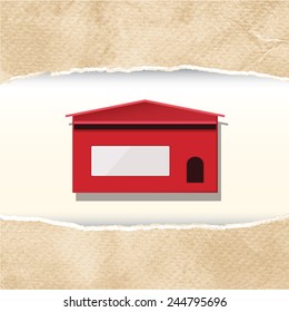 Red mail box in frame of ripped vintage paper texture. Vector illustration.