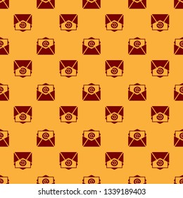 Red Mail and e-mail icon isolated seamless pattern on brown background. Envelope symbol e-mail. Email message sign. Flat design. Vector Illustration