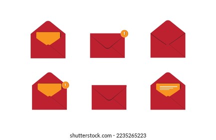 Red mail envelope icon set with marker .Red Mail Icon vector. Envalop vector with message .new message isolated onWhite background. Render new unread email notification. 3d realistic minimal vector