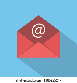 Red mail sign icon or envelope icon on a blue background for website design in flat style. Newsletter icon, message icon with shadow. Vector illustration, eps10