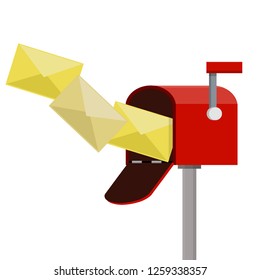Red mailbox with a bunch of flying letters. Delivery of the message by mail. Yellow Envelope with a box. Communication between people. Cartoon flat illustration