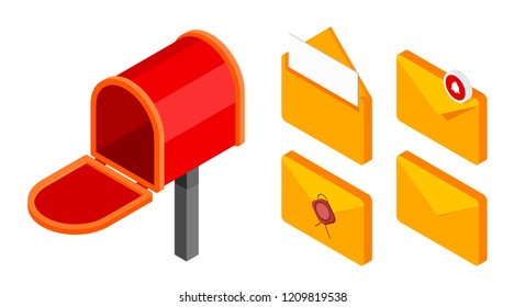 Red mailbox and envelope collection in isometric style on a white background. Vector illustration of mail icons