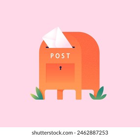 Red mailbox with envelope inside. Letter box or postbox with correspondence. Postal service, mail delivery. Sending or receiving traditional paper letter. Isolated flat vector illustration