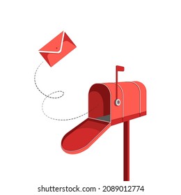 Red mailbox with an envelope on an isolated background. Open postbox, directed trajectory letter. The mailbox is drawn in flat style.