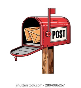 Red mailbox with envelopes and post sign envelopes delivery correspondence